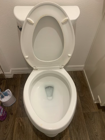 Open toilet in a small bathroom with white walls and wood-look floor.