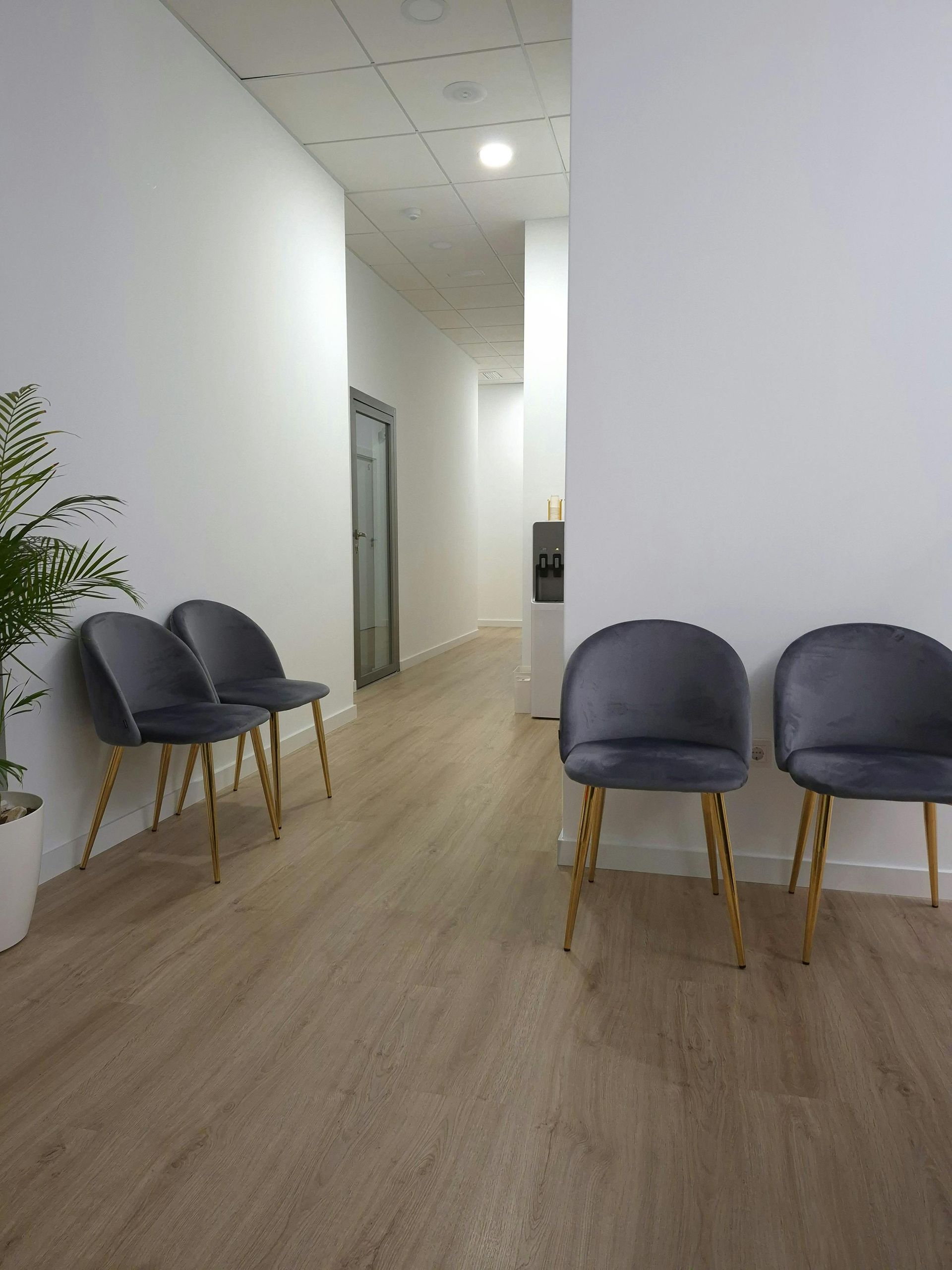 Empty modern hallway with white walls, wood floors, and dark chairs along both sides.