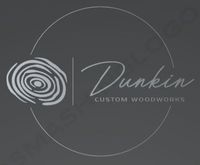 A logo for dunkin custom woodworks with a tree stump in the center