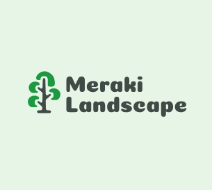 A logo for meraki landscape with a tree in the middle.