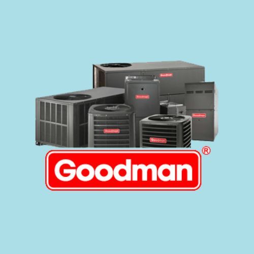 A group of goodman air conditioners are stacked on top of each other on a blue background.