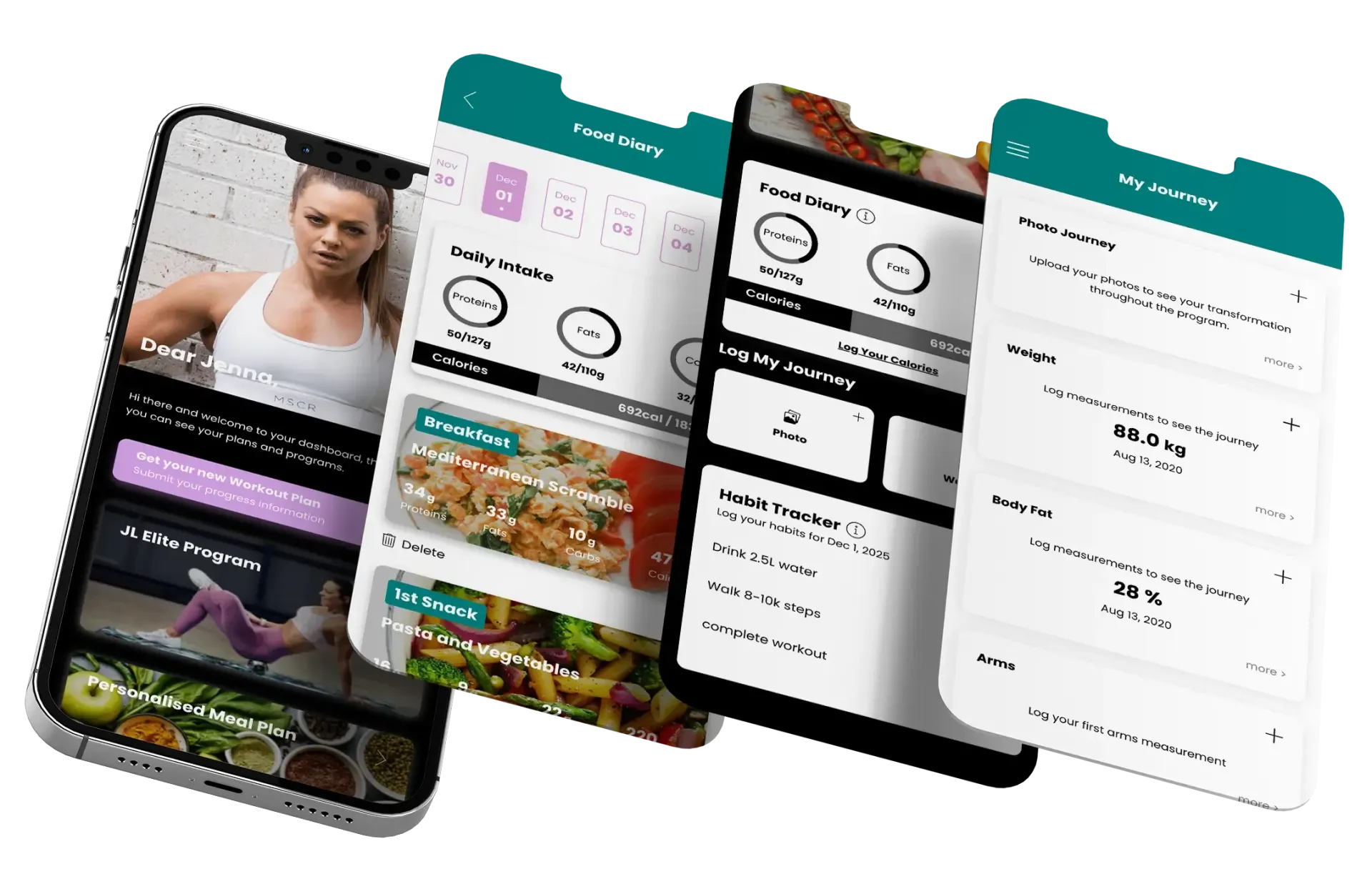 Screenshots of a fitness app, featuring workout videos, nutrition information, and progress tracking.