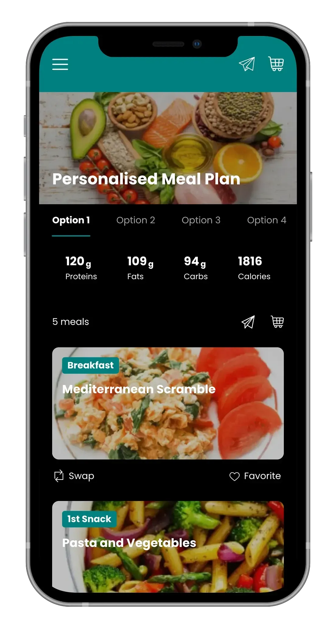 Mobile app screen showing a personalized meal plan with food photos and nutritional info.