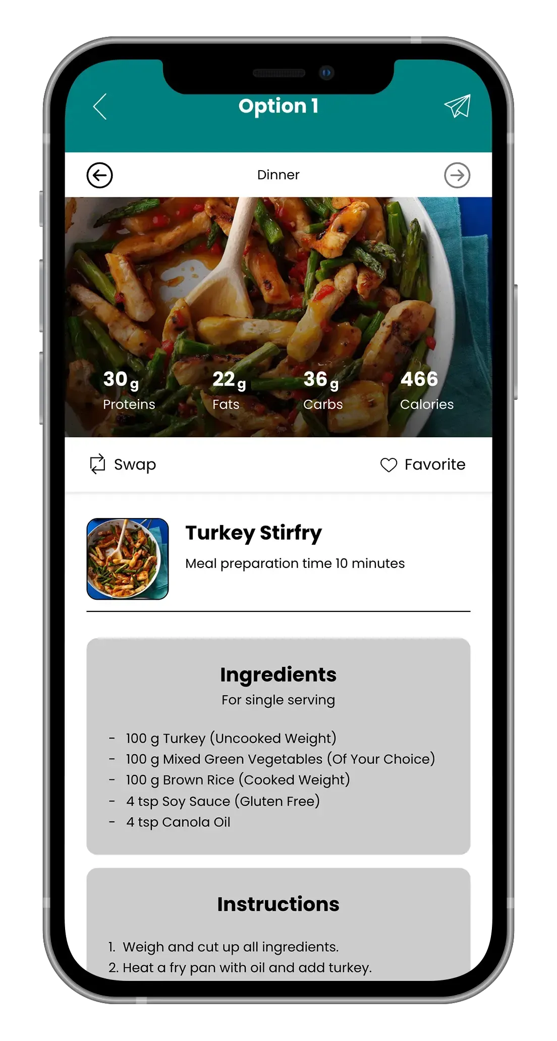 Mobile phone app displaying a turkey stir-fry recipe with nutritional information and ingredient list.