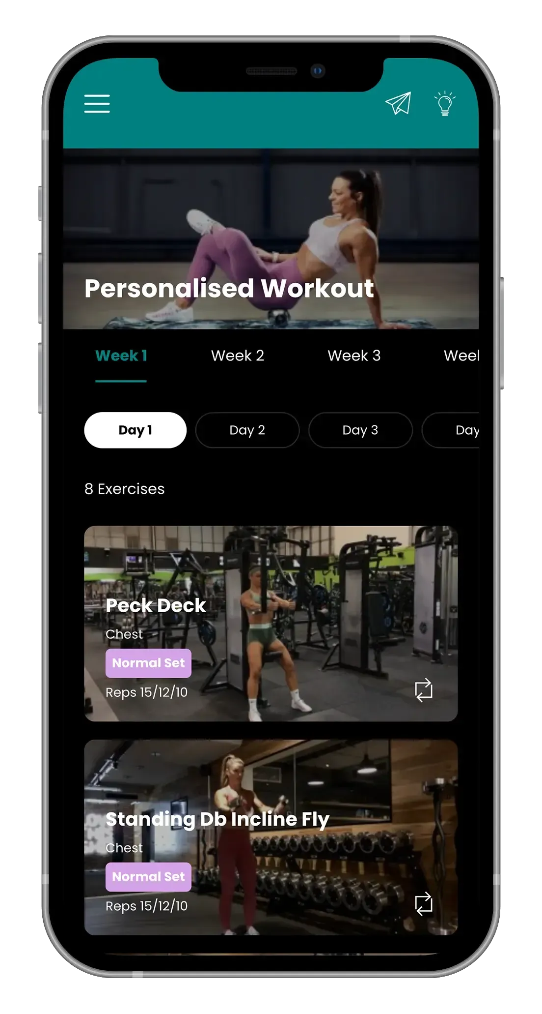 Smartphone app screen showing a personalized workout with video previews and exercise options.