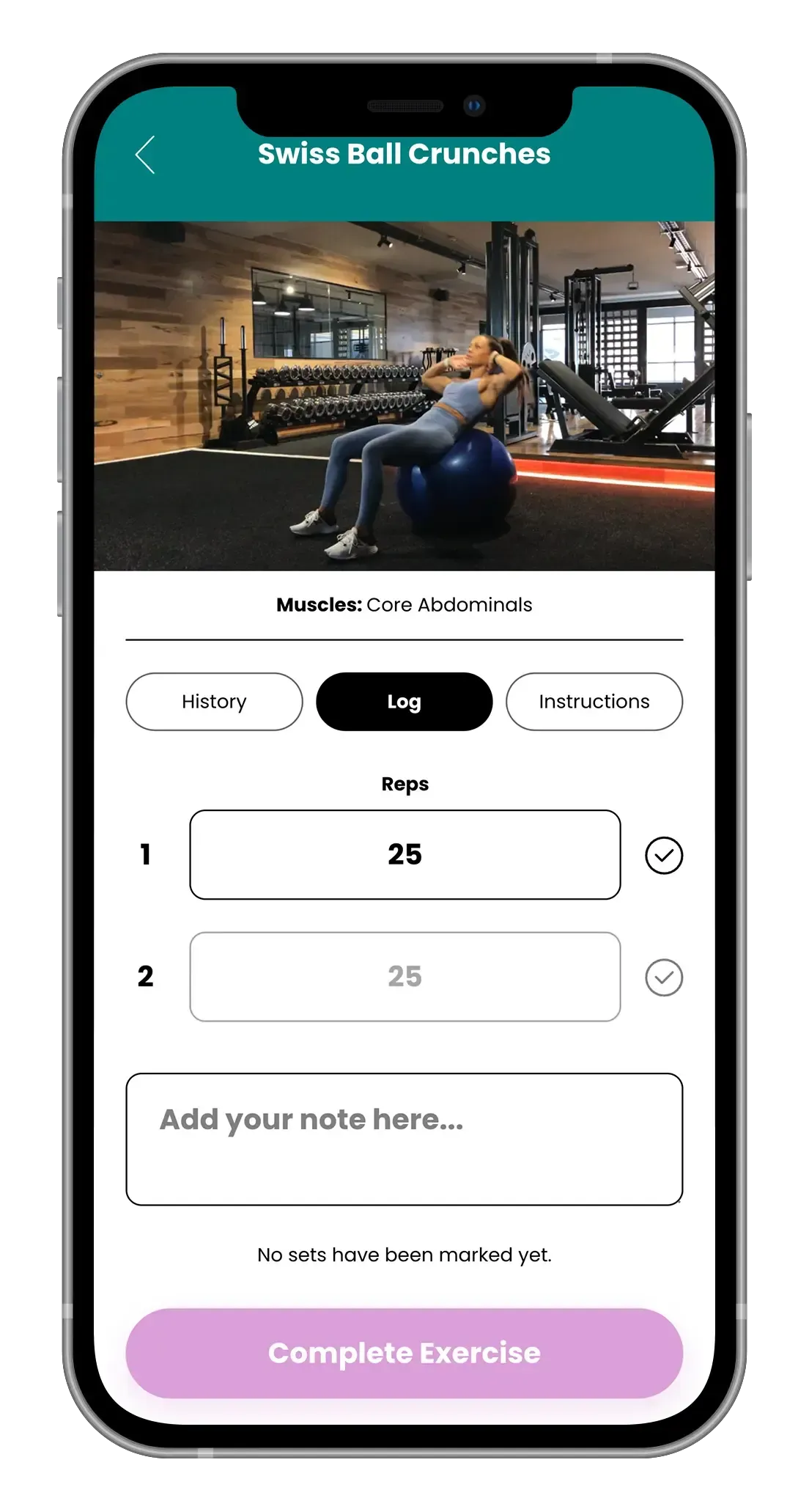 A workout app screen showing a woman performing crunches on an exercise ball.