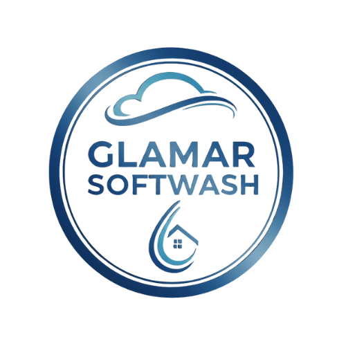 Logo for Glamar Softwash: a blue cloud and water droplet with a house inside, within a blue circle.