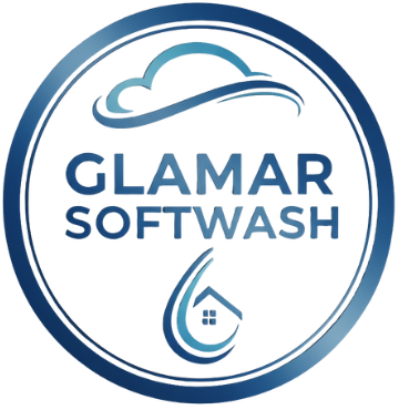 Logo for Glamar Softwash, featuring a cloud, drop, and house icon in blue.