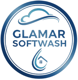 Logo for Glamar Softwash, featuring a cloud, drop, and house icon in blue.