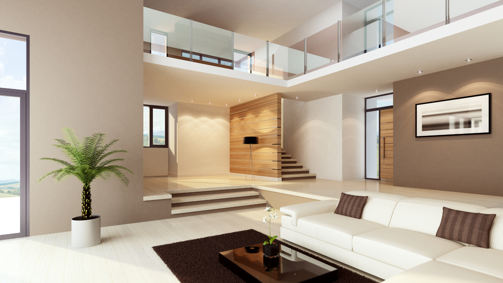 Modern, bright living room interior with a white couch, stairs, and a plant.