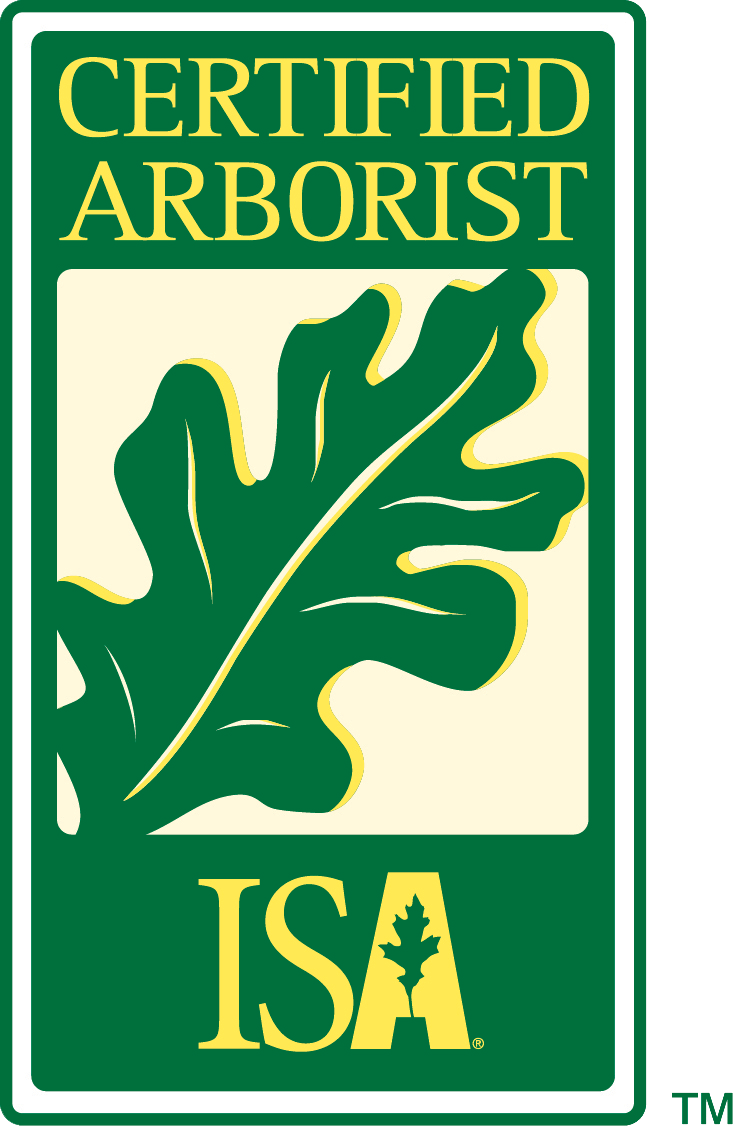 Certified Arborist ISA logo: green and yellow rectangle with an oak leaf illustration.