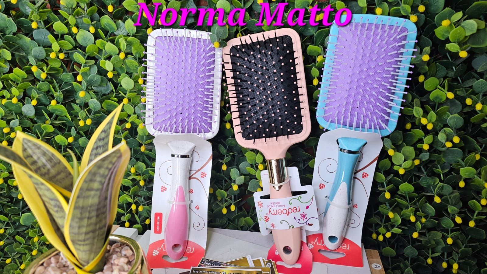 Tres cepillos para el cabello en empaque con fondo vegetal.