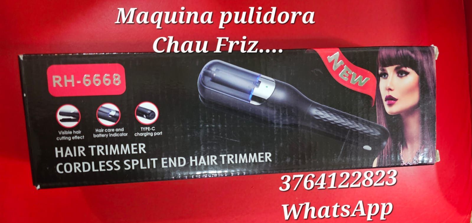 Kit cortapelos: cortadora inalámbrica blanca, caja, accesorios y manual de instrucciones.