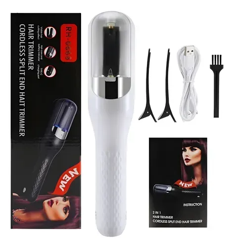 Kit cortapelos: cortadora inalámbrica blanca, caja, accesorios y manual de instrucciones.