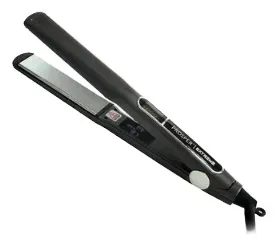 Plancha de pelo negra con placas plateadas y pantalla digital.