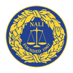 Circular blue seal featuring a gold wreath, a scale of justice, the text