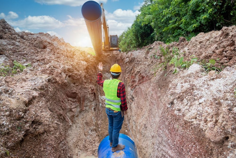 Construction Worker in a Trench Directing an Excavator — Mareeba Crane Hire In Atherton, QLD