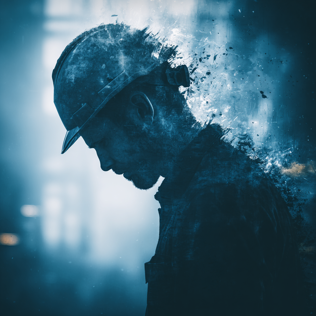 A worker in a hard hat, head bowed, body partially disintegrating into particles against a blue-toned industrial backdrop.