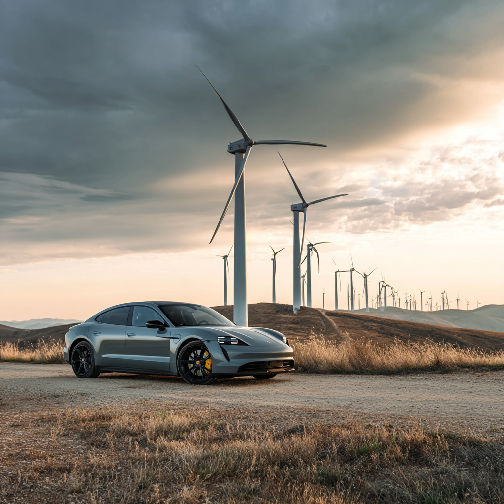 A porsche taycan is parked on a dirt road in front of windmills.