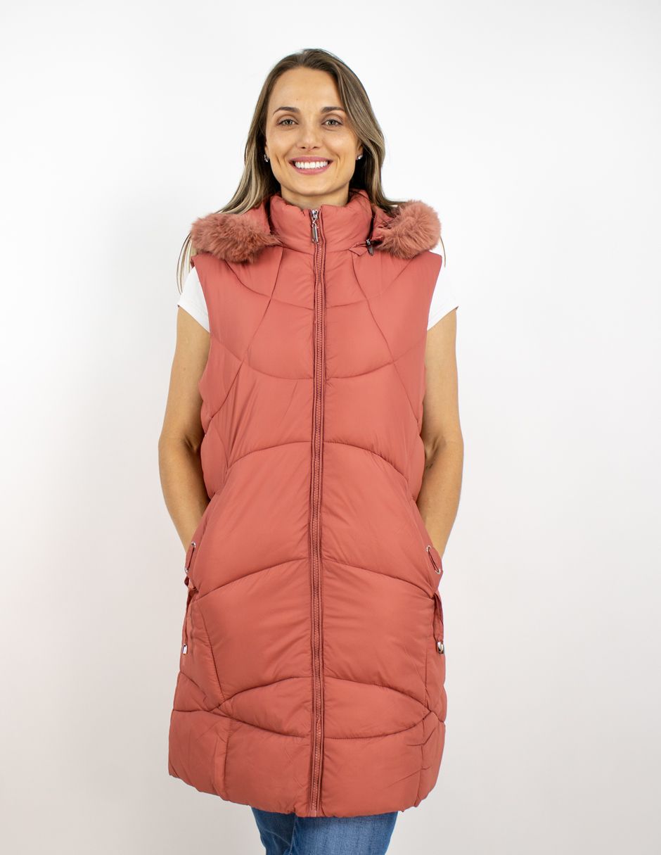 EXCLUSIVO BOUTIQUES       Chaleco Furor Puffer Largo Hoodie Poliamida Rosa Oscuro