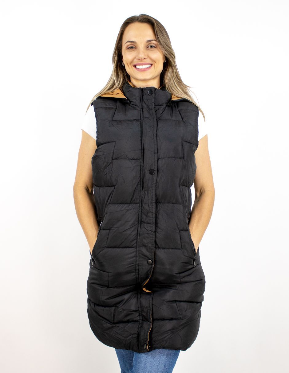 EXCLUSIVO BOUTIQUES       Chaleco Furor Puffer Largo Hoodie Poliamida Negro/Camello