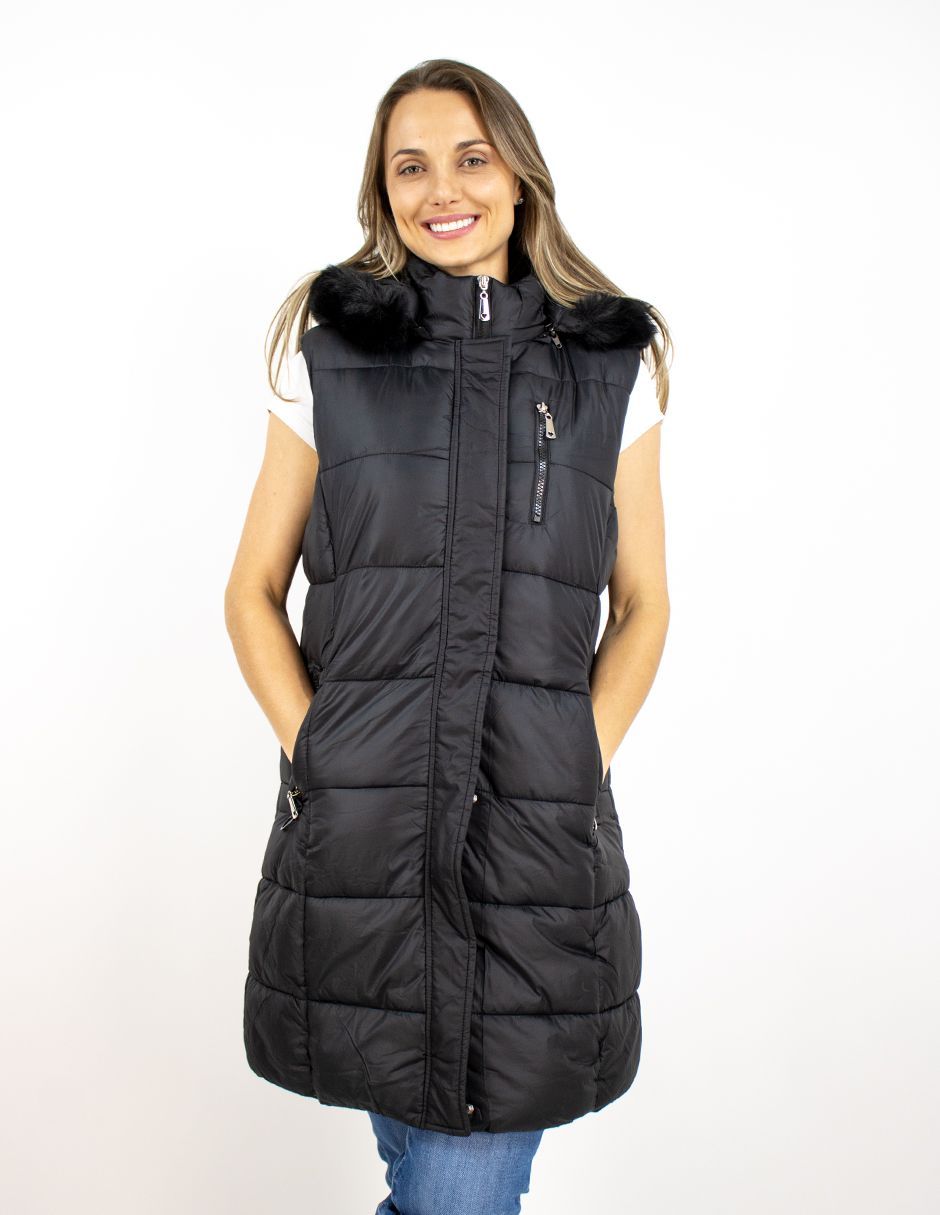EXCLUSIVO BOUTIQUES       Chaleco Furor Puffer Largo Hoodie Poliamida Negro