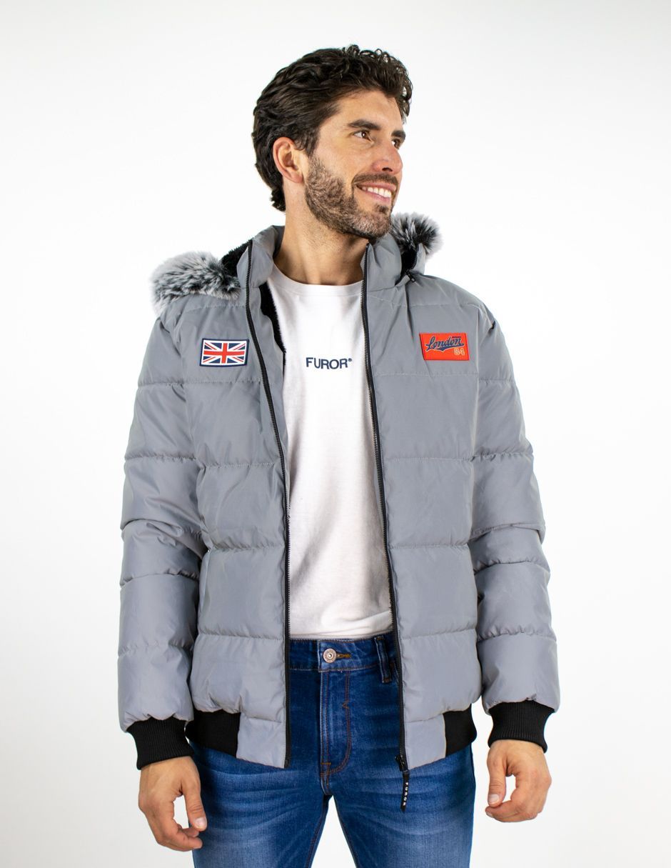 EXCLUSIVO SUBURBIA BHI2504158 Chamarra Furor Puffer Larga Con Capucha Regular Poliuretano Gris