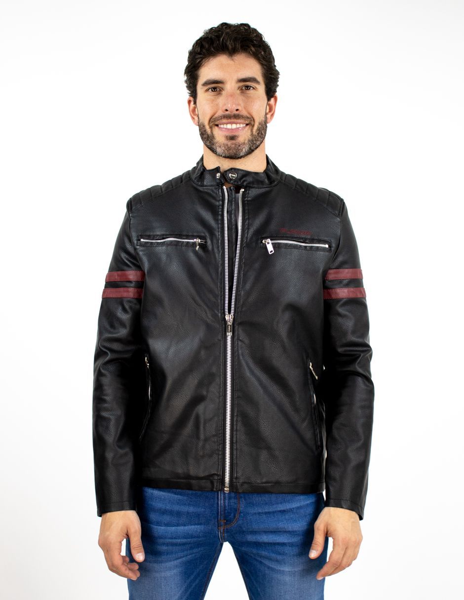 EXCLUSIVO SUBURBIA PU32315 Chamarra Furor Biker Con Franjas En Mangas Poliuretano Negro