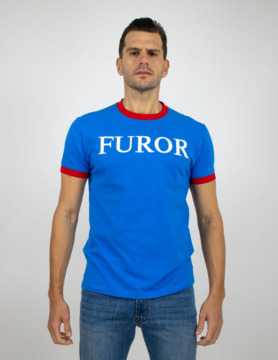 EXCLUSIVO SUBURBIA MILLS0201AZUL Playera Furor Manga Corta Chifón Slim Azul Estampado