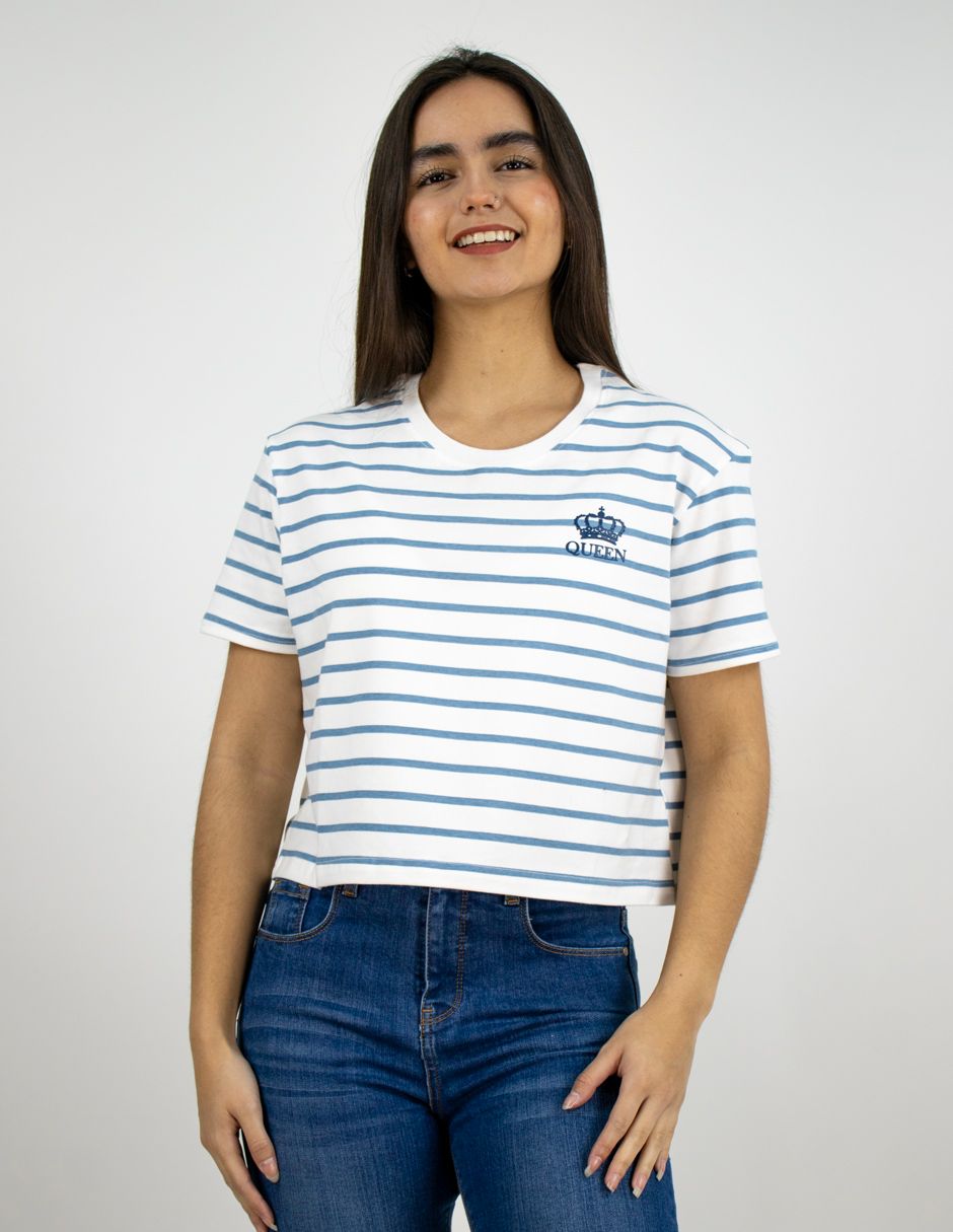 EXCLUSIVO SUBURBIA SAILOR2601 Playera Furor Chifón Crop Blanco Con Rayas Azules