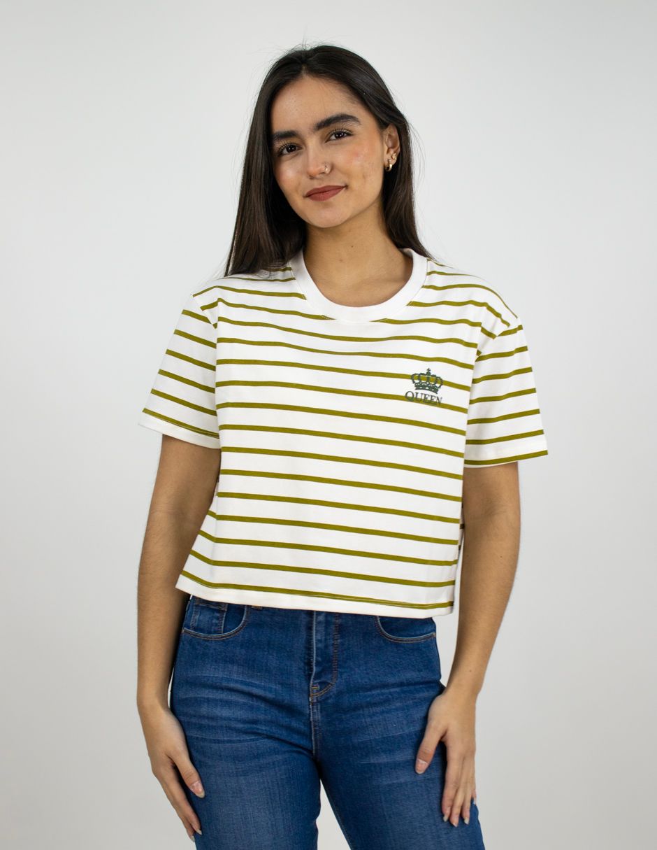 EXCLUSIVO SUBURBIA SAILOR2602 Playera Furor Chifón Crop Blanco Con Rayas Verdes