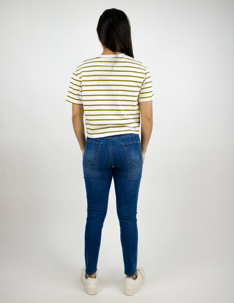 EXCLUSIVO SUBURBIA SAILOR2602 Playera Furor Chifón Crop Blanco Con Rayas Verdes