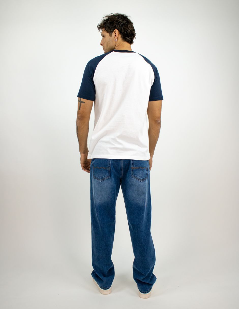 EXCLUSIVO SUBURBIA FIFTY0101BLANCO Playera Furor Manga Ranglán Chifón Slim Blanco Marino Combinado