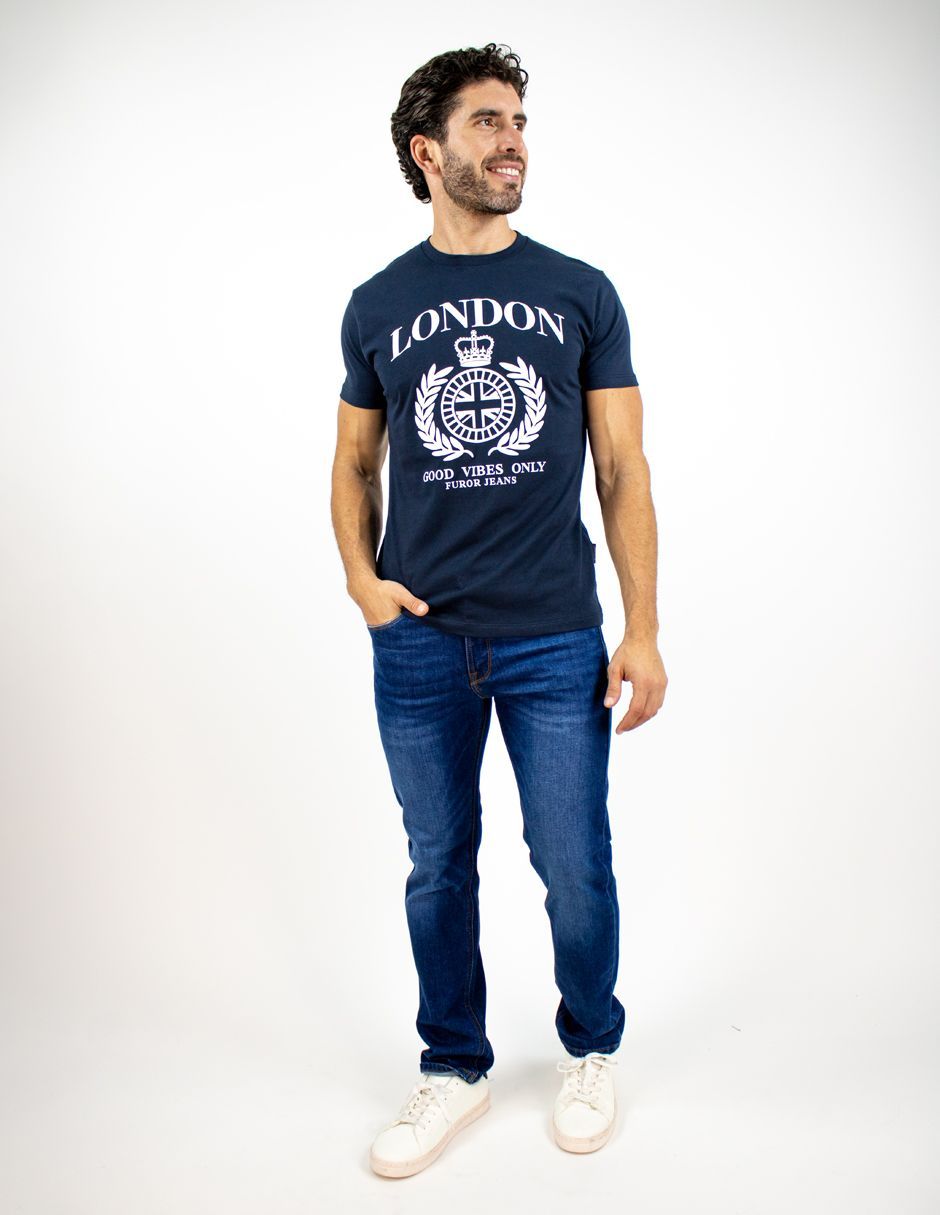 EXCLUSIVO SUBURBIA PRINTEDMARINO Playera Furor Manga Corta Chifón Slim Marino Estampado