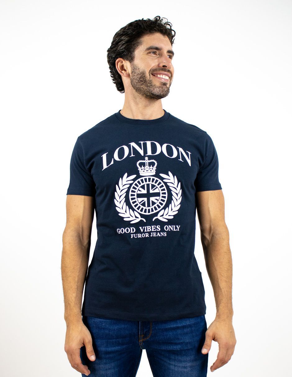 EXCLUSIVO SUBURBIA PRINTEDMARINO Playera Furor Manga Corta Chifón Slim Marino Estampado