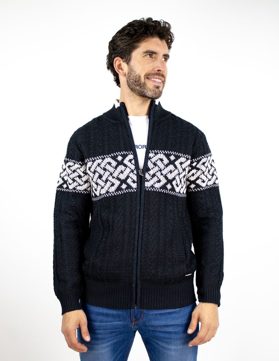 EXCLUSIVO SUBURBIA SFUR255N Suéter Furor Con Zipper Y Cuello Sport Poliéster Negro Grecas