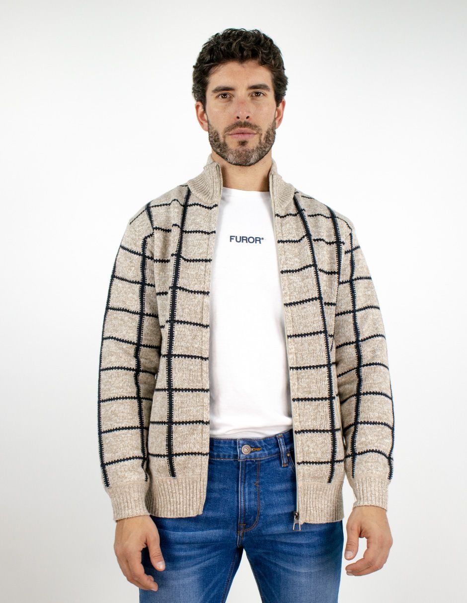 EXCLUSIVO SUBURBIA SFUROR2421 Suéter Furor Con Zipper Y Cuello Sport Poliéster Beige Cuadros