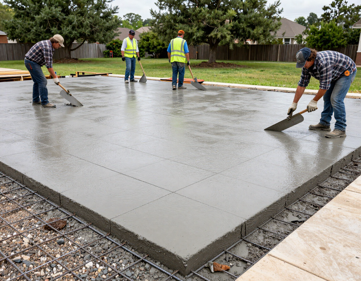 Concrete crew finishing a backyard patio slab with visible rebar grid