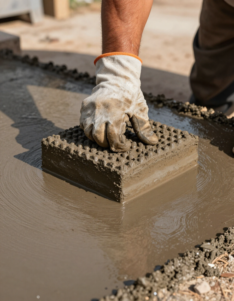 Concrete worker stamping freshly poured decorative concrete with color hardener
