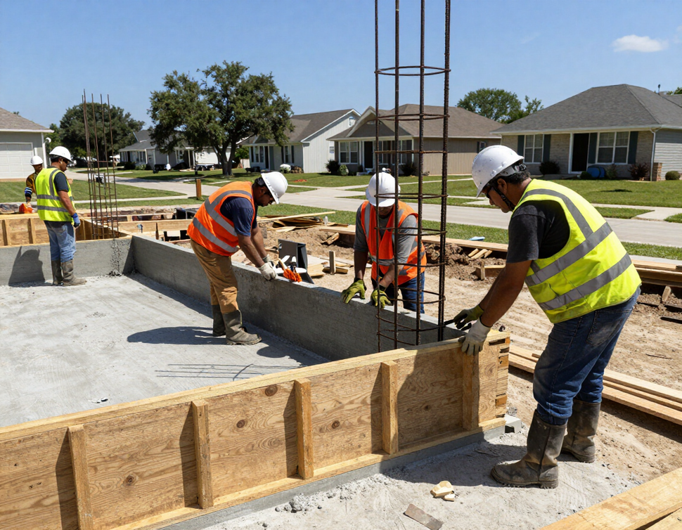 Concrete Commandos crew on a Houston-area residential jobsite with rebar setup and formwork