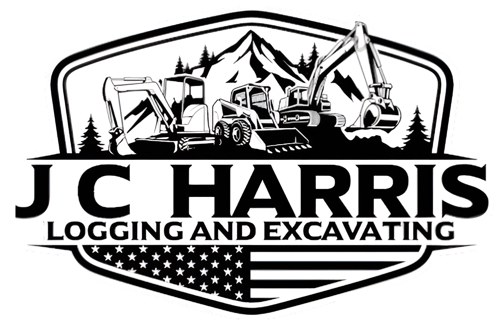 Logo for J.C. Harris Logging and Excavating, featuring mountains, equipment, and American flag.