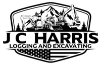 Logo for J.C. Harris Logging and Excavating, featuring mountains, equipment, and American flag.