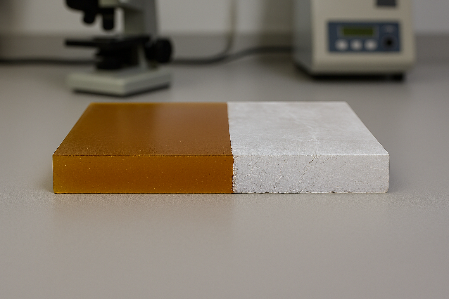 Picture of a flexure testing machine testing a resin sample