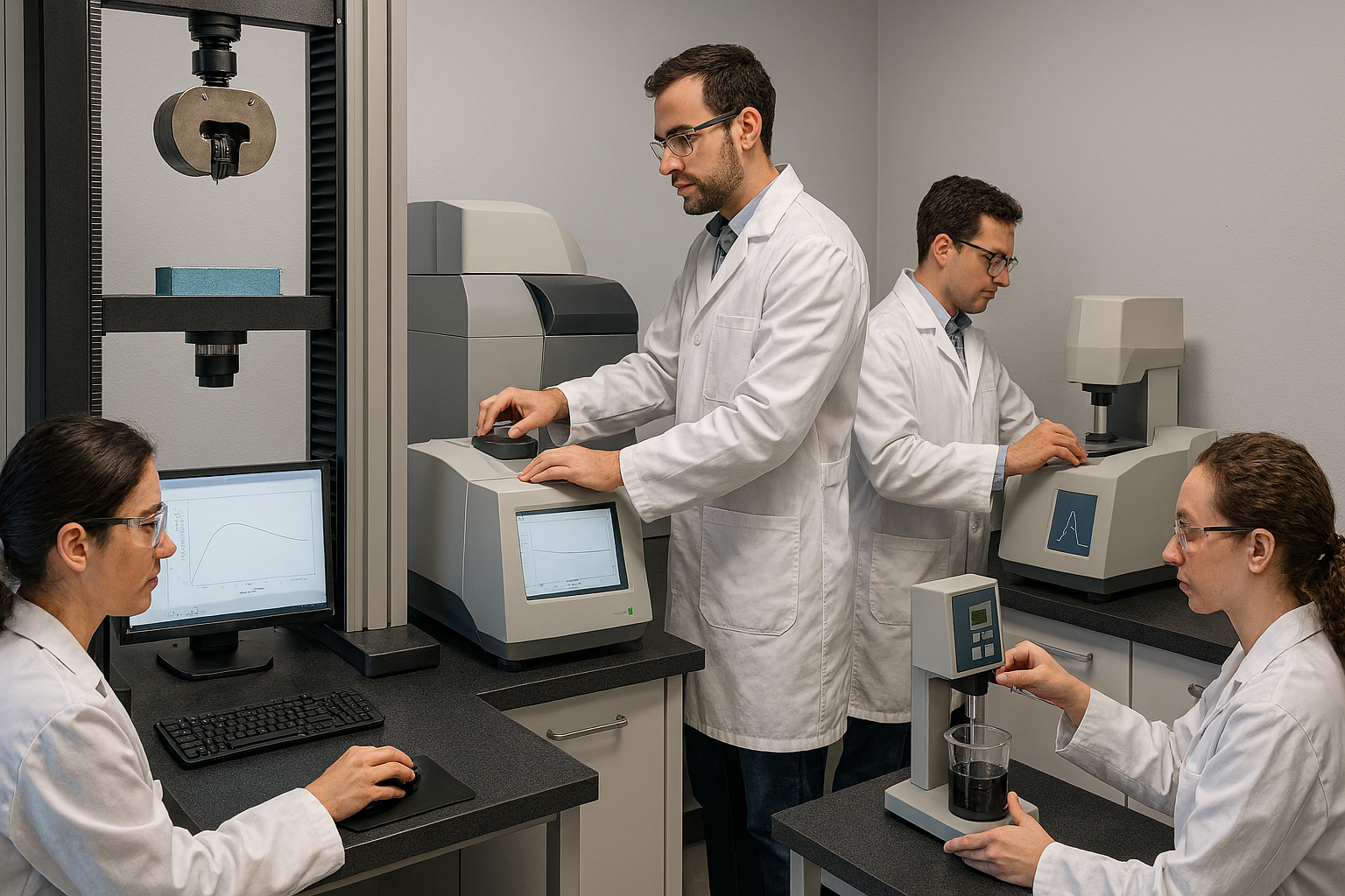 Picture of a flexure testing machine testing a resin sample