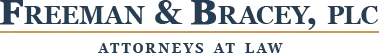 Logo for Freeman & Bracey, PLC, Attorneys at Law. Dark blue text on a light tan banner.