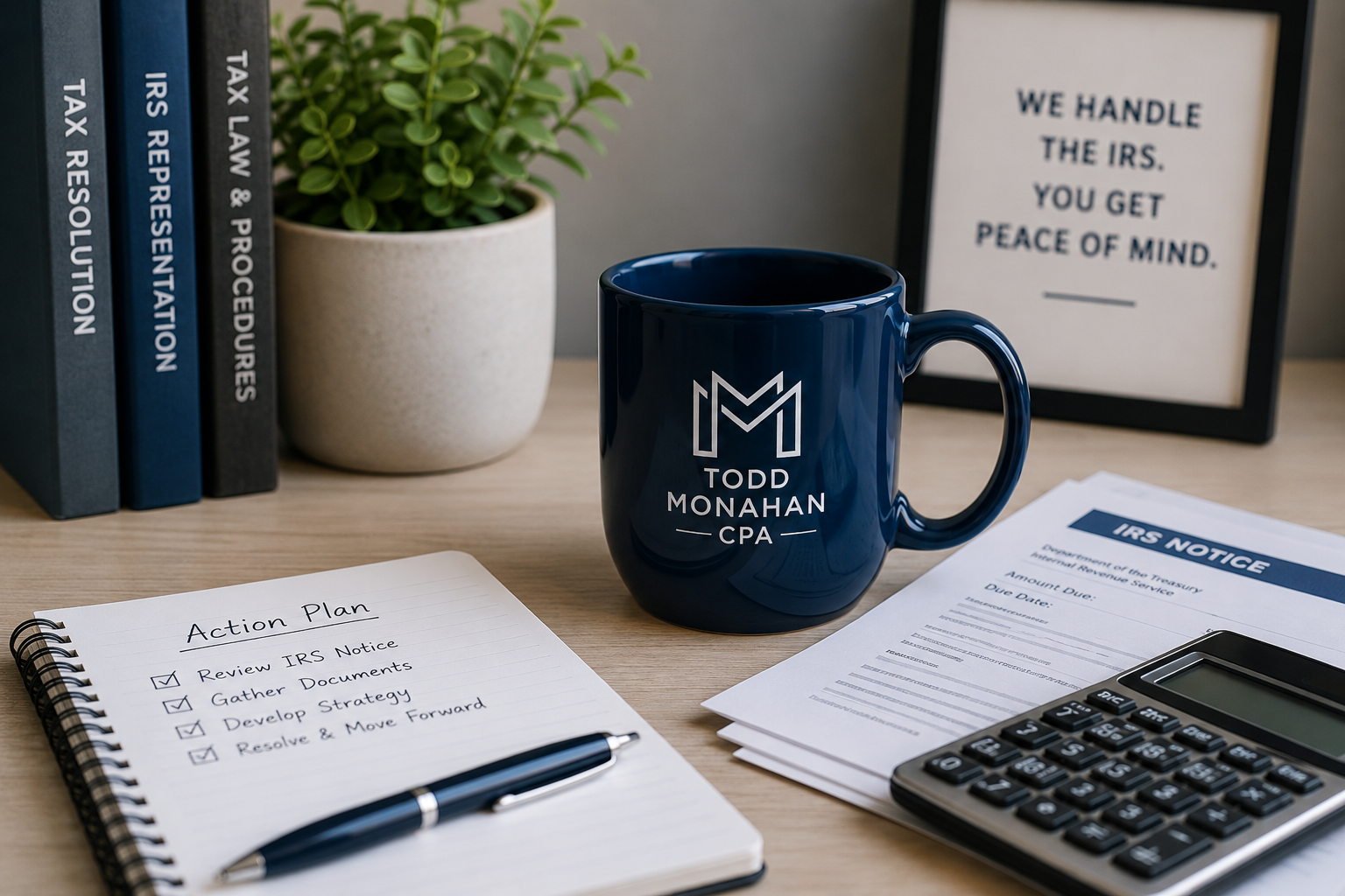 Office desk with blue mug, calculator, notebook, pen, plant, and sign reading “We handle the IRS, you get peace of mind.”