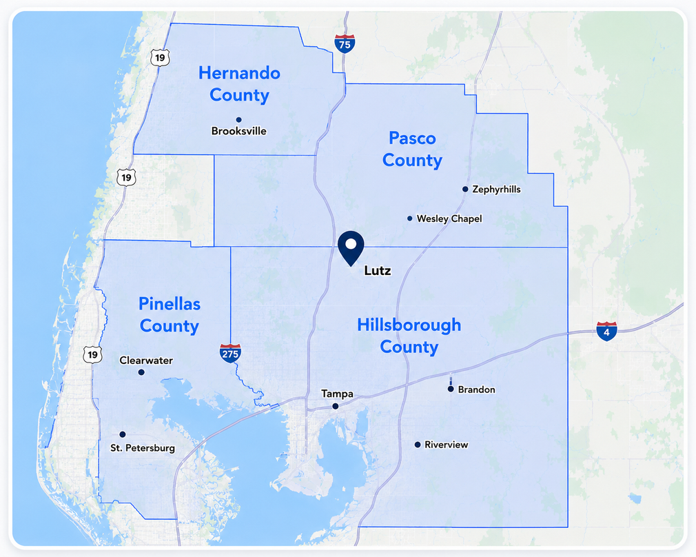 Map showing Lutz marked between Pasco County and Hillsborough County near Tampa, Florida