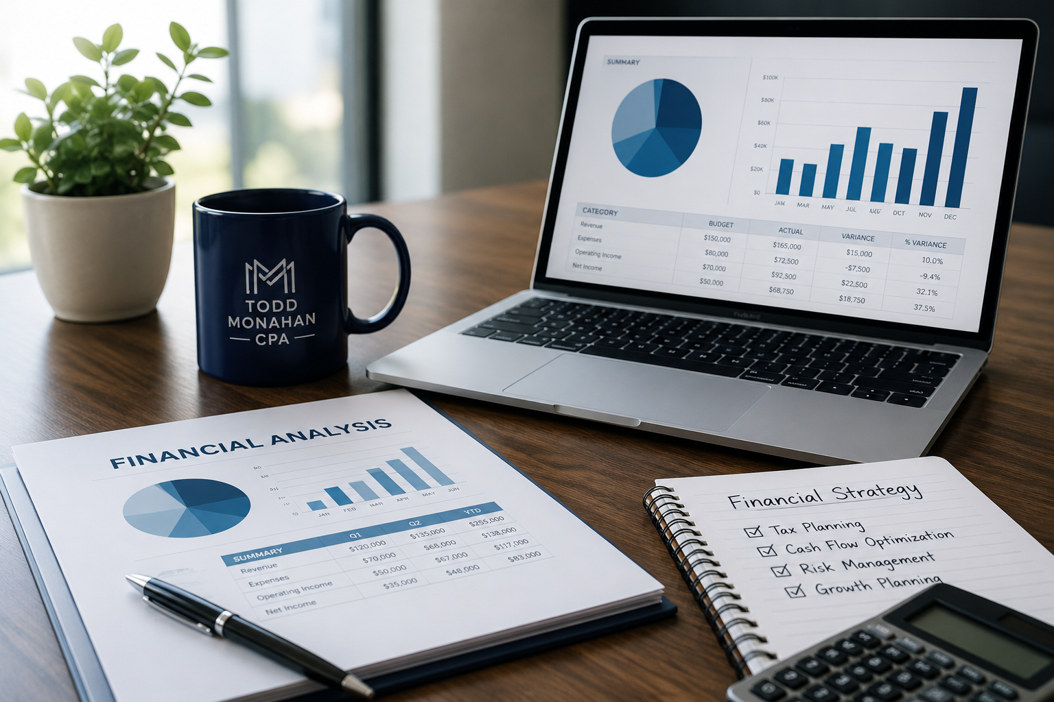 Laptop with sales charts, printed reports, notebook, mug, pen, and calculator on a desk with a small plant.