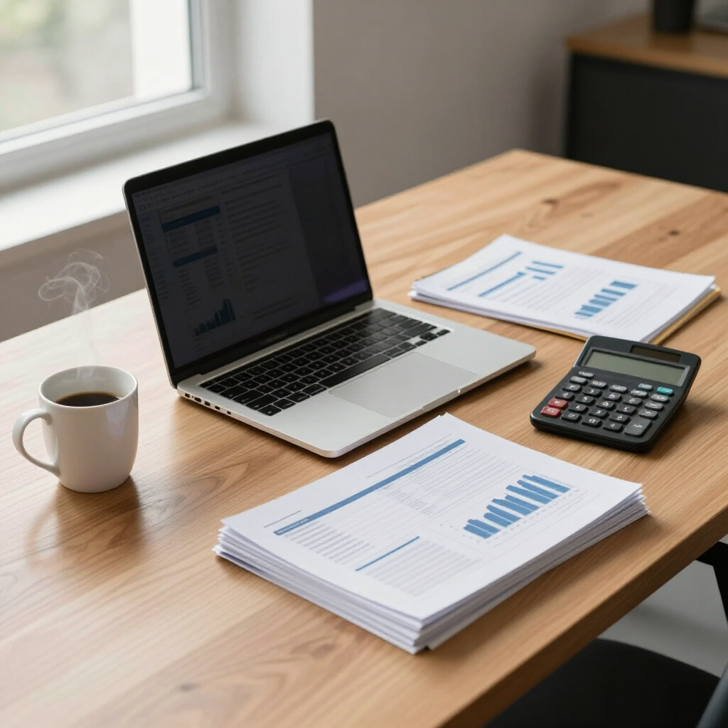 Laptop, calculator, coffee mug, and financial reports on a wooden desk in a bright office.