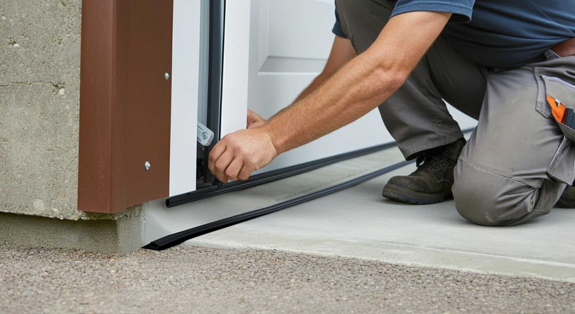 Person installing black seal on white door frame near a concrete base.